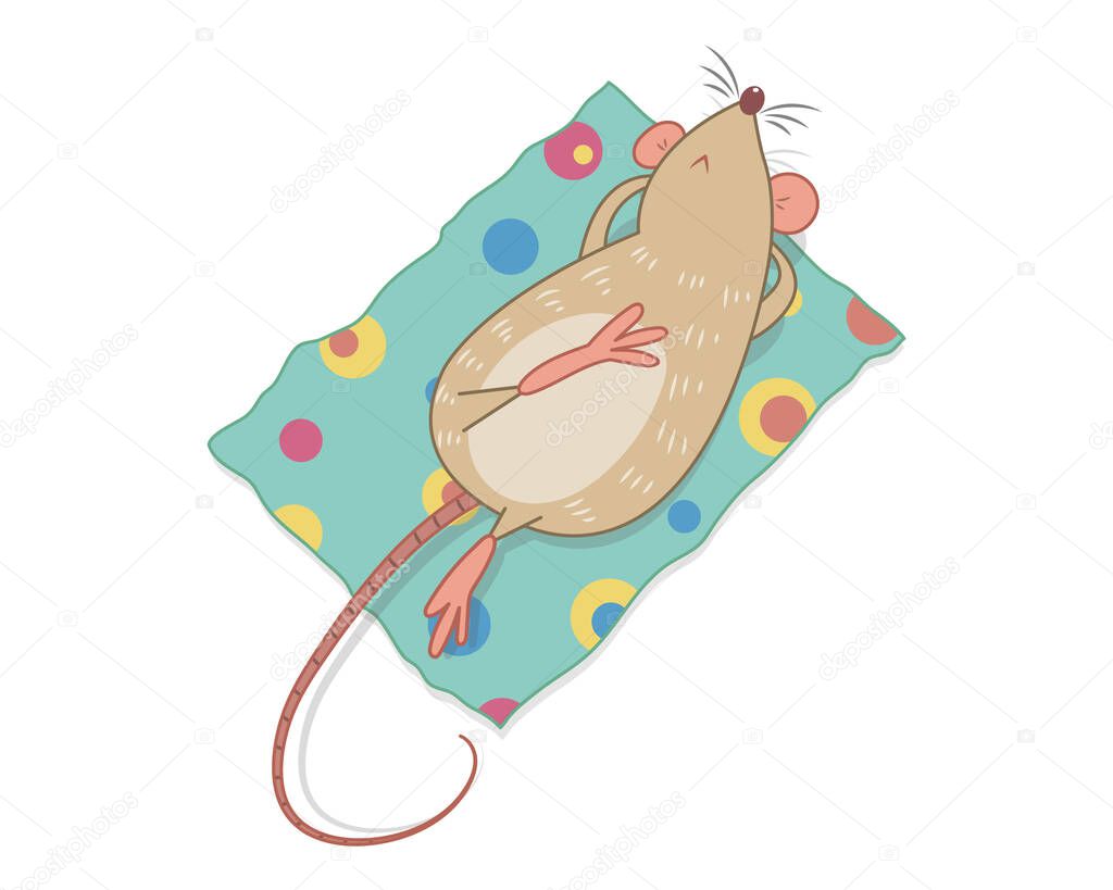 A mouse lying on a mat vector illustration. A mouse sleeping on mat pastel cartoon isolated on white background. 