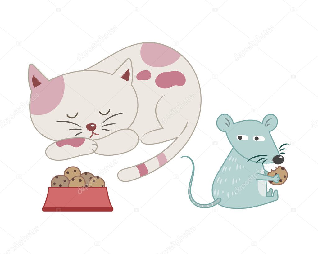 Vettoriale stockTopo Ruba Cibo Gatti Mentre Gatto Dorme Vettoriale