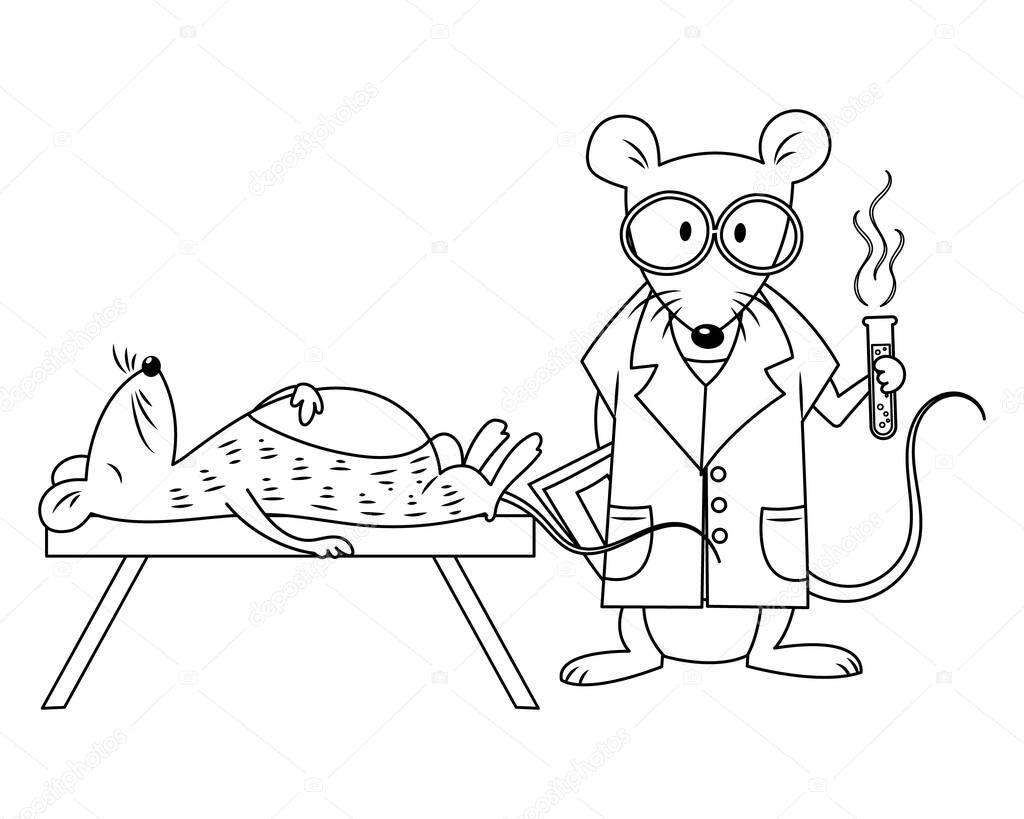 A scientist mouse and a dead mouse vector illustration cartoon. A scientist mouse revive a dead mouse. Mouse funny cartoon colorless for coloring book. 