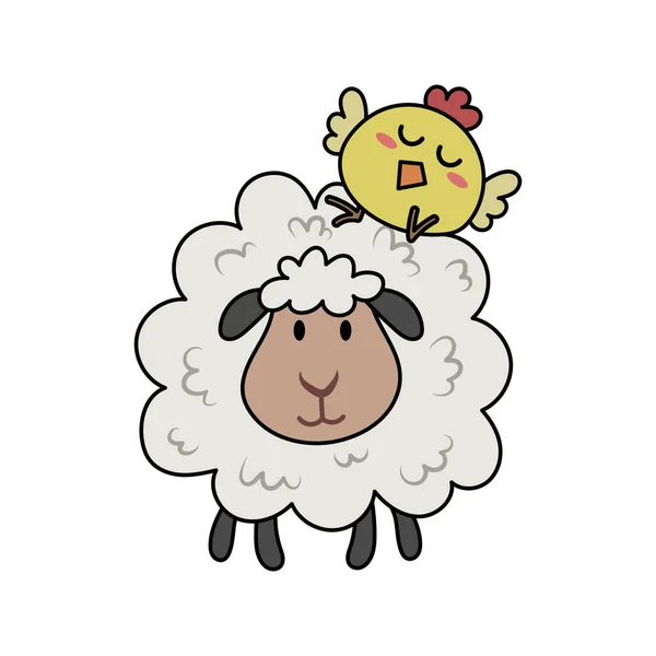 一只绵羊和一个小鸡矢量说明漫画 一只小鸡站在羊身上 从白色背景中分离出可爱的羊肉和鸡肉病媒乳胶漫画 — 图库矢量图片