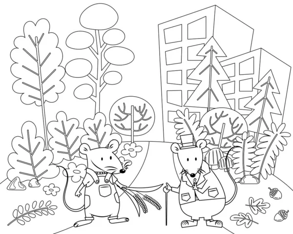 Kasaba Faresi ve Köy Faresi Ezops masalları. Kasaba faresi ve köy faresi Ezop peri masalları vektör illüstrasyon çizgi filmi boyama kitabı için renksiz. 