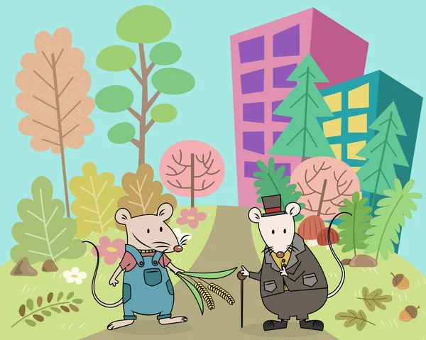 Kasaba Faresi ve Köy Faresi Ezops masalları. Kasaba faresi ve köy faresi Eesop peri masalları vektör illüstrasyon pastel çizgi film. 