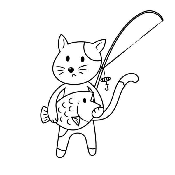 Gato Sosteniendo Pez Llevando Caña Pescar Vector Ilustración Dibujos Animados — Vector de stock