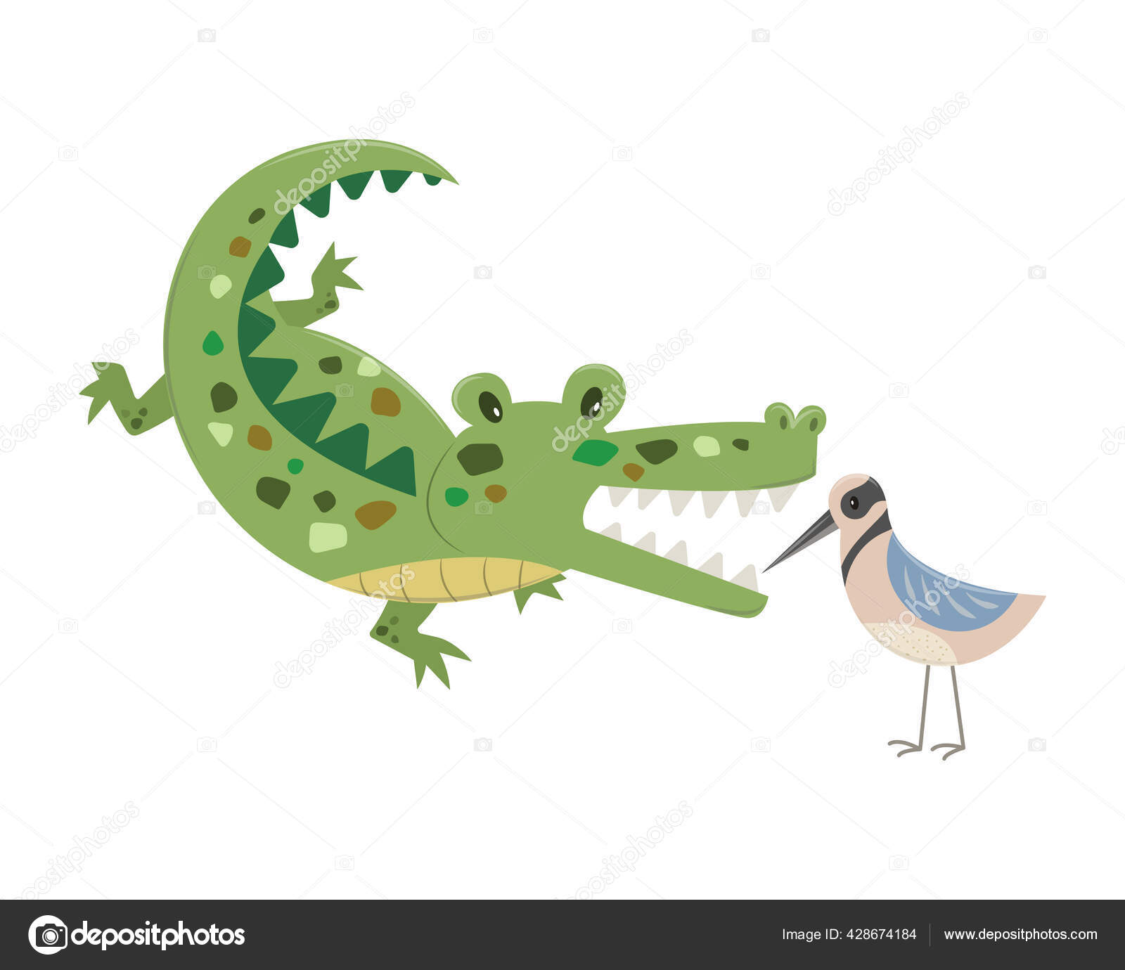 Птаха Чистит Зубы Крокодила Векторной Иллюстрацией Карикатуры.