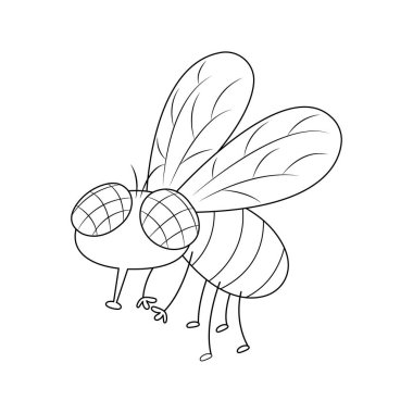 Şirin ve komik sinek vektör çizim karikatürü. Renksiz uçan çizgi film. 