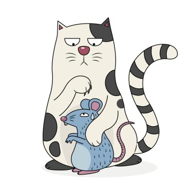 Bir kedi ve bir fare vektör çizim karikatürü. Kedi fareyi yakaladı. Komik kedi ve fare. 