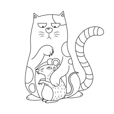 Bir kedi ve bir fare vektör çizim karikatürü. Kedi fareyi yakaladı. Komik kedi ve fare renksiz çizgi film.