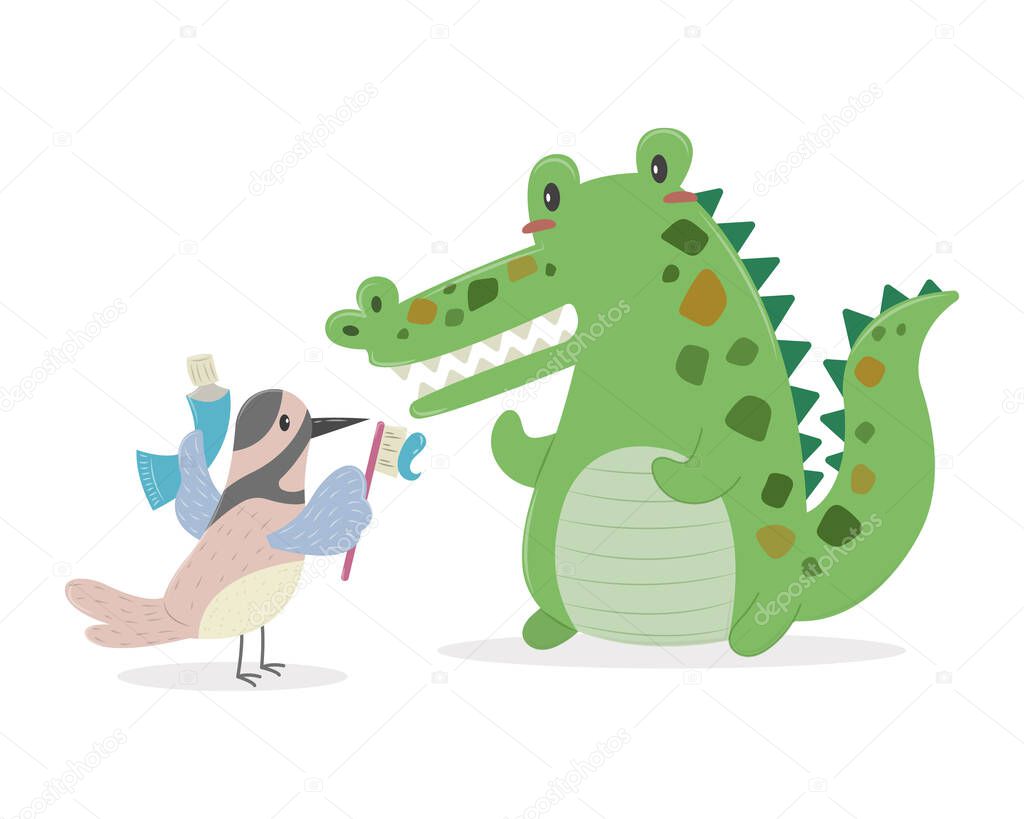 Bird brushes a crocodiles teeth vector illustration cartoon isolated on white background. Nile crocodile and Egyptian plover cartoon.