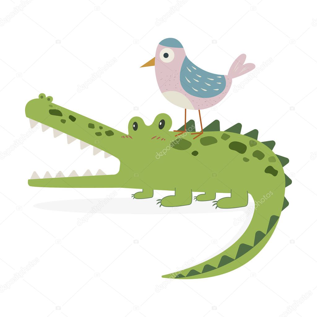Nile crocodile and Egyptian plover vector illustration cartoon isolated on white background. Crocodile and bird vector cartoon. 