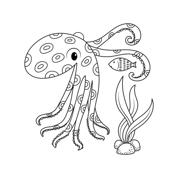 Ilustração Vetorial Anel Azul Octopus Captura Presa Estilo Esboço Livro — Vetor de Stock