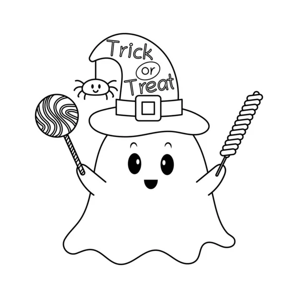 Vektorová Ilustrace Little Ghost Halloweenskými Bonbóny Stylu Náčrtku Omalovánky — Stockový vektor