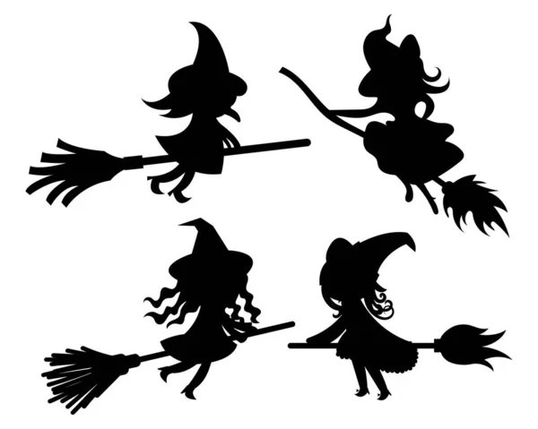 Vector Illustration Black Silhouette Witch Broomstick — Stock Vector