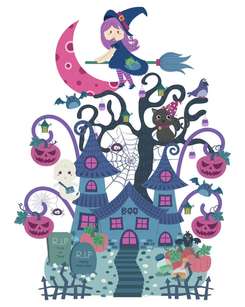 Ilustração Vetorial Halloween Haunted House Uma Bruxa — Vetor de Stock