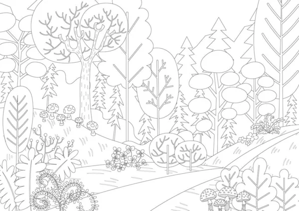 Ilustración Vectorial Road Jungle Paisaje Estilo Boceto Libro Para Colorear — Vector de stock