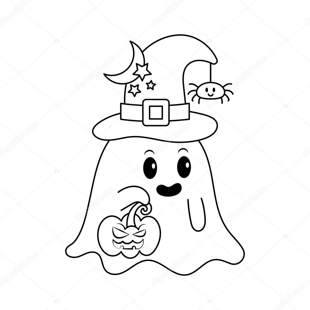 Vector illustration of Little Ghost and Jack o Lantern  in sketch style, coloring book 