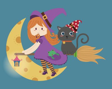 Süpürgedeki Tatlı Cadı ve Kara Kedi 'nin vektör çizimi