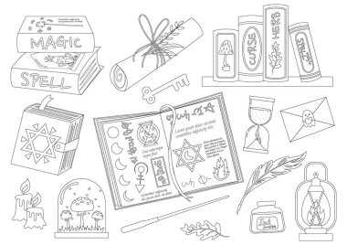 Cadılar Bayramı Büyülü Kitaplarının taslak stili, boyama kitabı 