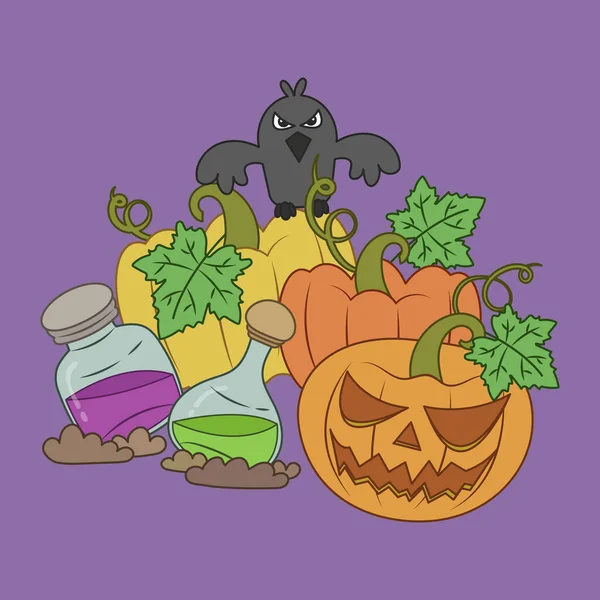 Vektorová Ilustrace Halloweenských Dýní Vrán — Stockový vektor