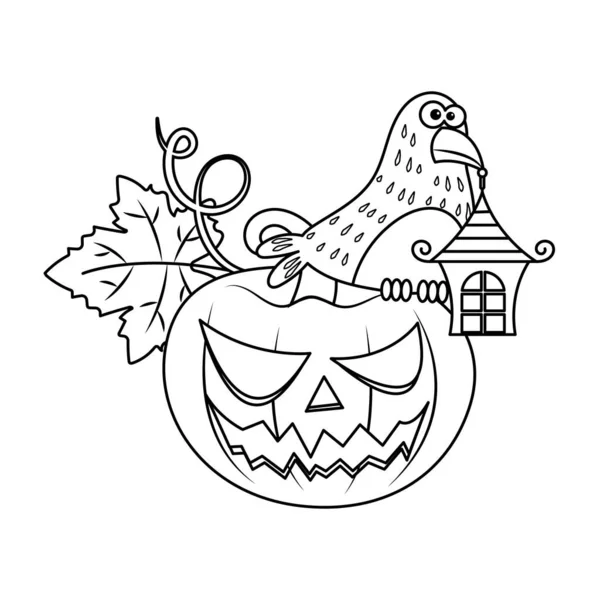 Vector Illustratie Van Jack Lantern Een Kraai Schetsstijl Kleurboek — Stockvector