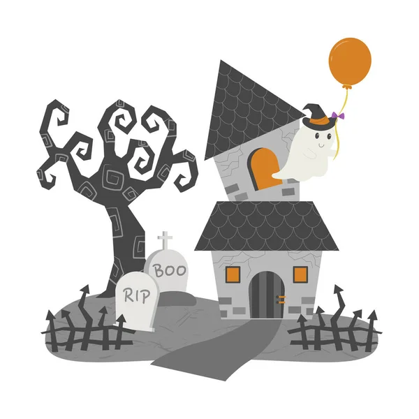 Ilustração Vetorial Halloween Assombrado Casa Com Fantasma Cemitério — Vetor de Stock