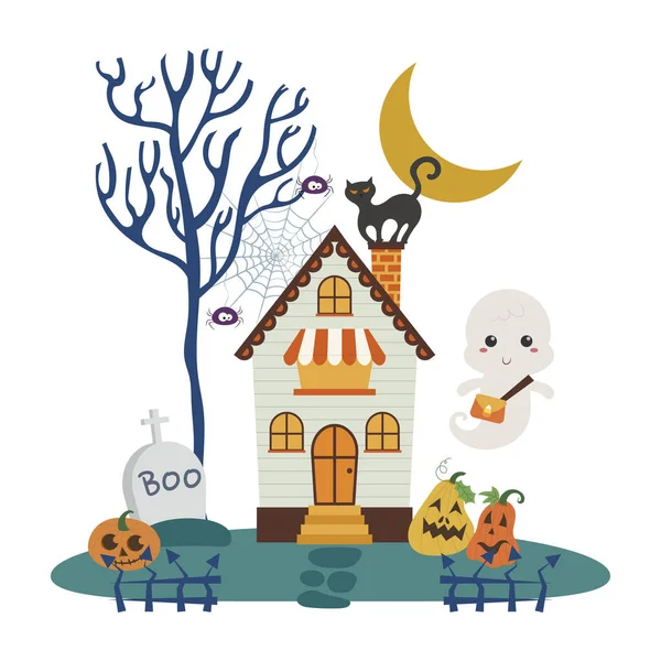 Vektorová Ilustrace Halloweenského Strašidelného Domu Malým Duchem — Stockový vektor
