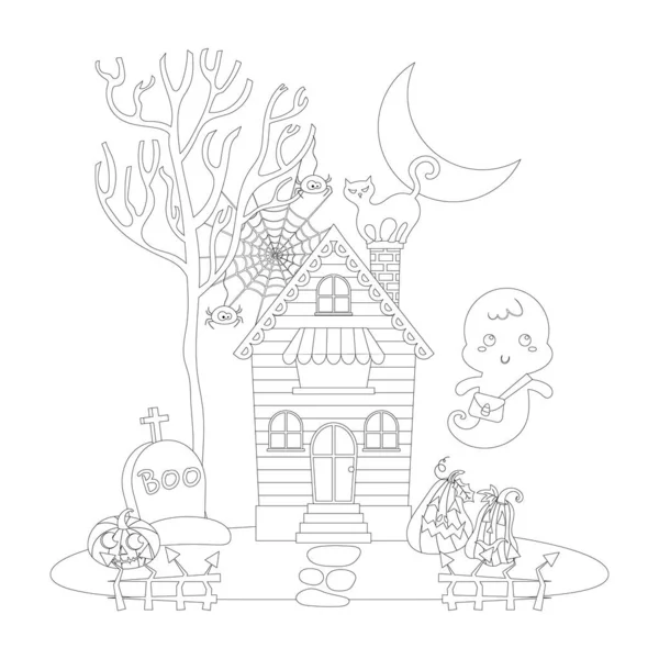 Vector Illustratie Van Halloween Spookhuis Met Een Little Ghost Kleurloos — Stockvector