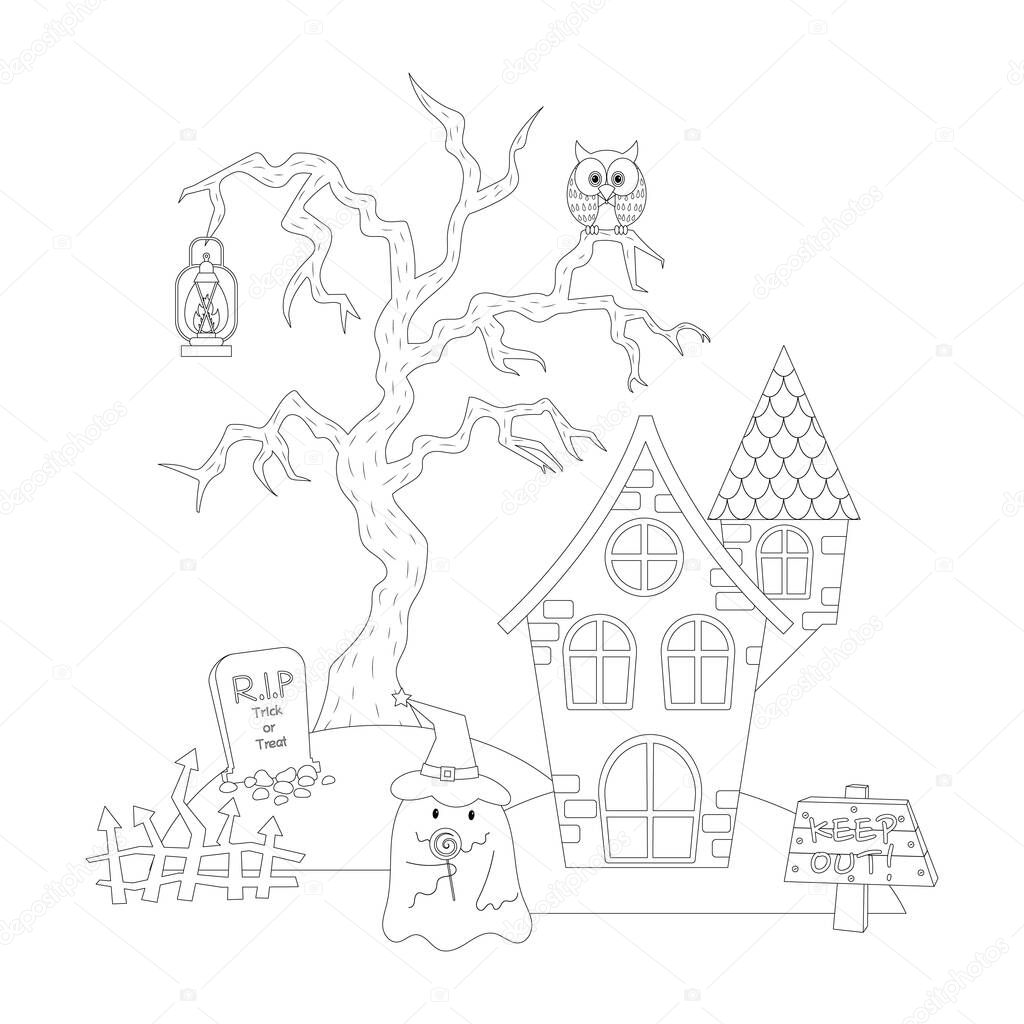 Vector illustration of Halloween haunted house with Ghost Dead Tree and Owl in sketch style, coloring book 