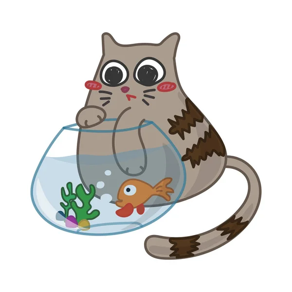 Векторная Иллюстрация Милой Мультяшной Кошки Аквариума Золотой Рыбкой — стоковый вектор