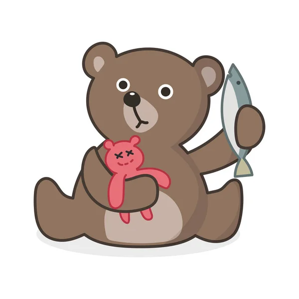 Teddy Bear Holding Fish Cartoon Icon Vector Illustration Graphic Design — 스톡 벡터