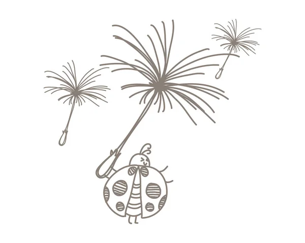 Ilustración Vectorial Doodle Ladybird Diente León — Vector de stock