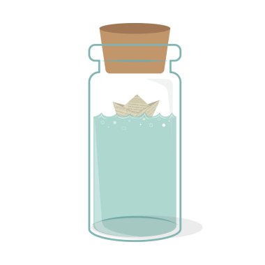 Cam Şişedeki Kağıt Teknenin vektör çizimi