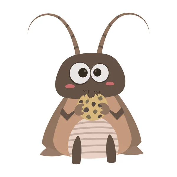 Cute Cartoon Fat Cockroach Eating Cookie White Background — Stock Vector