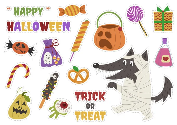 Halloween Trick Treat Stickers Werewolf Vektorová Ilustrace — Stockový vektor