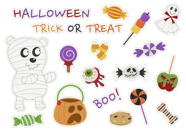 Halloween Trick Treat Sticker Mit Teddy Mumie Vektorillustration — Stockvektor
