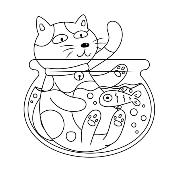 Cat Goldfish Bowl Colorless Vector Illustration — Stock Vector