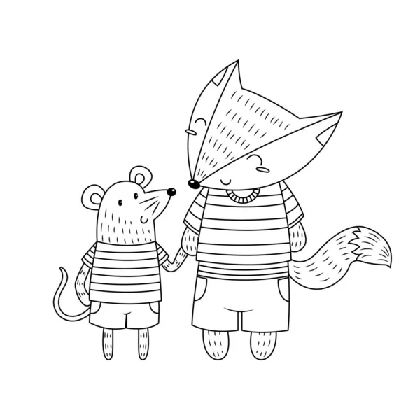 Migliori Amici Fox Mouse Illustrazione Vettoriale Incolore — Vettoriale Stock