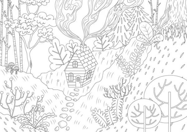 Pequeña Casa Selva Vector Incoloro Ilustración — Vector de stock