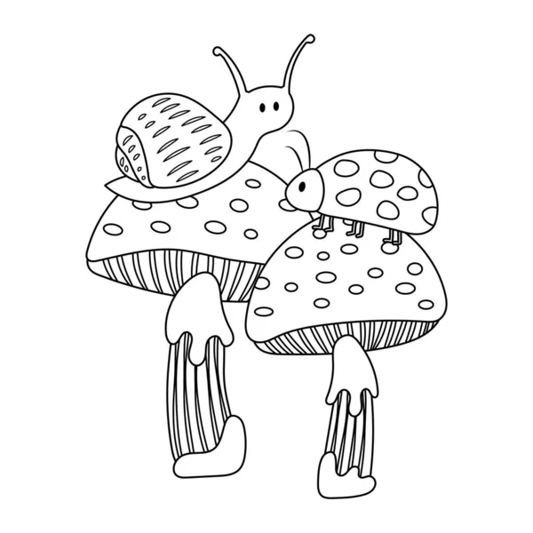 Escargot Coccinelle Sur Les Champignons Illustration Vectorielle Incolore — Image vectorielle