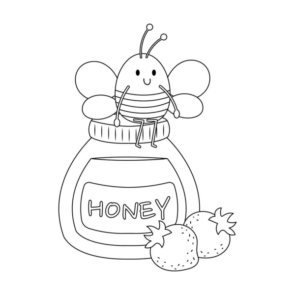Bee Κάθεται Στο Μέλι Μπουκάλι Άχρωμο Διάνυσμα Εικονογράφηση — Διανυσματικό Αρχείο