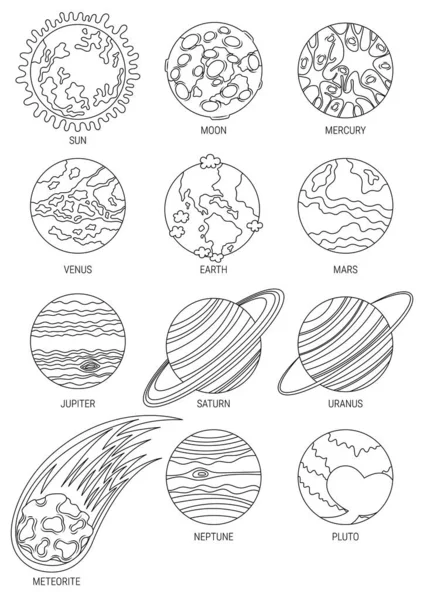 Planetas Esferas Sistema Solar Ilustração Vetorial Incolor — Vetor de Stock