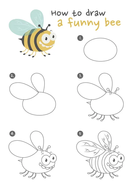 How Draw Funny Bee Vector Illustration — Stock Vector