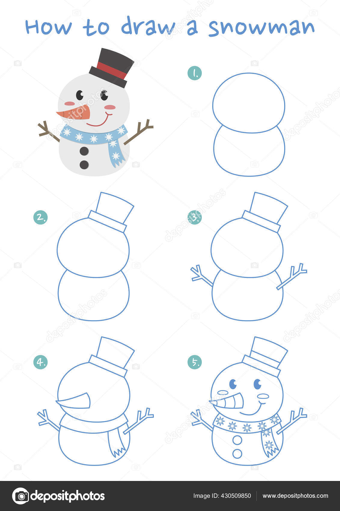 Tutorial de desenho para crianças. nível fácil. folhas de educação. como  desenhar boneco de neve