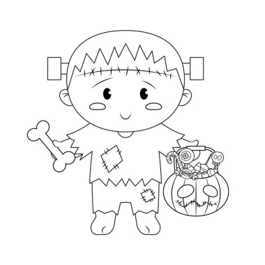 Cadılar Bayramı Frankenstein ve Balkabağı Kovası Boyama Sayfası. vektör illüstrasyonu