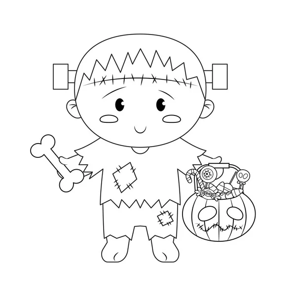 Halloween Frankenstein Sütőtök Vödör Színező Oldal Vektor Illusztráció — Stock Vector