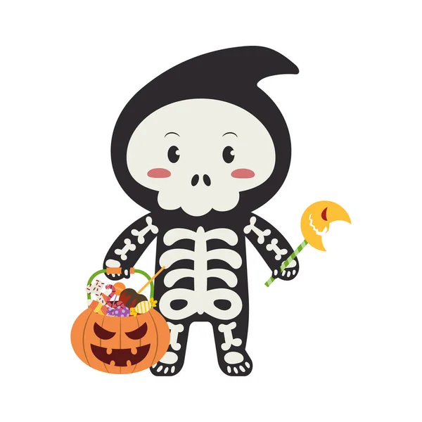 Halloween Party Little Skeleton Boy Pumpkin Bucket Vector Illustration — Stock Vector