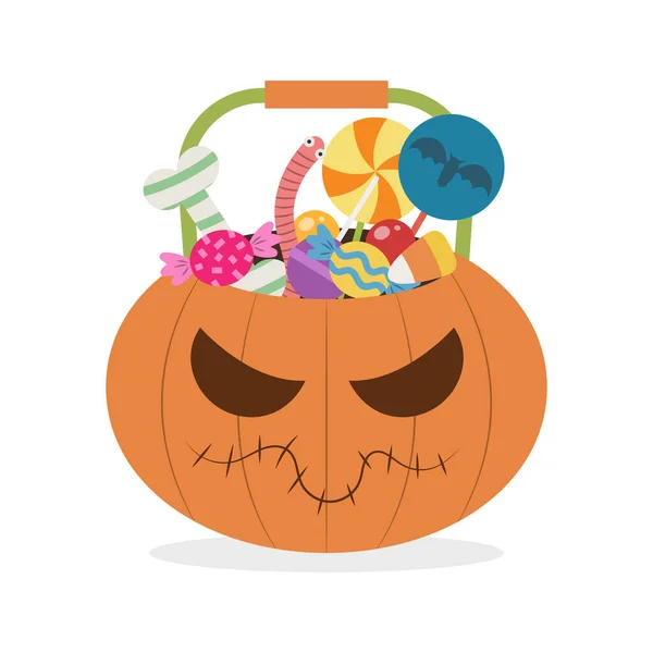 Halloweenpompoenemmer Met Halloween Snoepjes Vectorillustratie — Stockvector