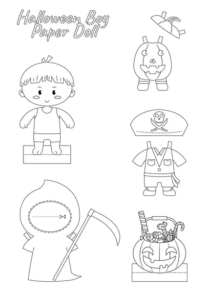 Wektor Ilustracja Halloween Boy Papieru Lalka Kolorowanki Strona — Wektor stockowy