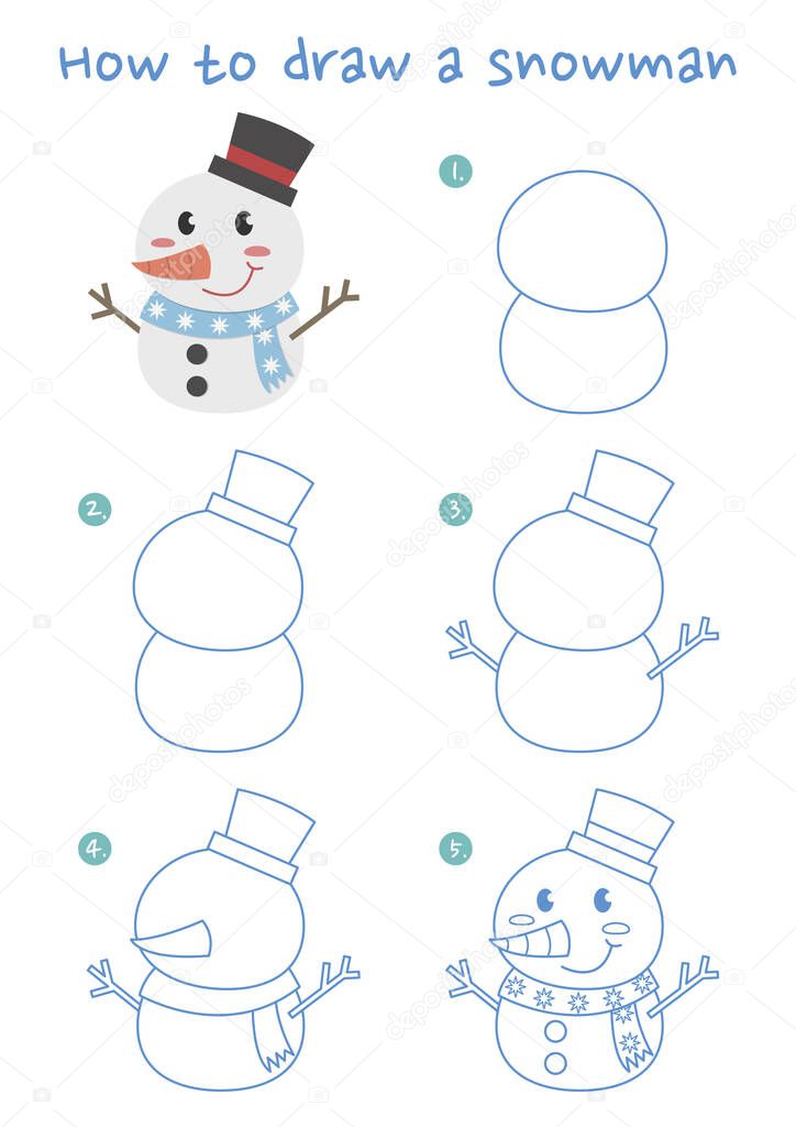 How to draw a snowman vector illustration. Draw a snowman step by step. Snowman drawing guide. Cute and easy drawing guidebook.