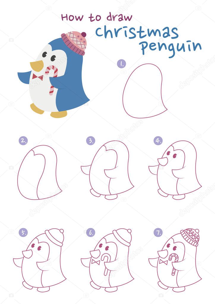 How to draw a Christmas penguin vector illustration. Draw a penguin step by step. Christmas penguin drawing guide. Cute and easy drawing guidebook.