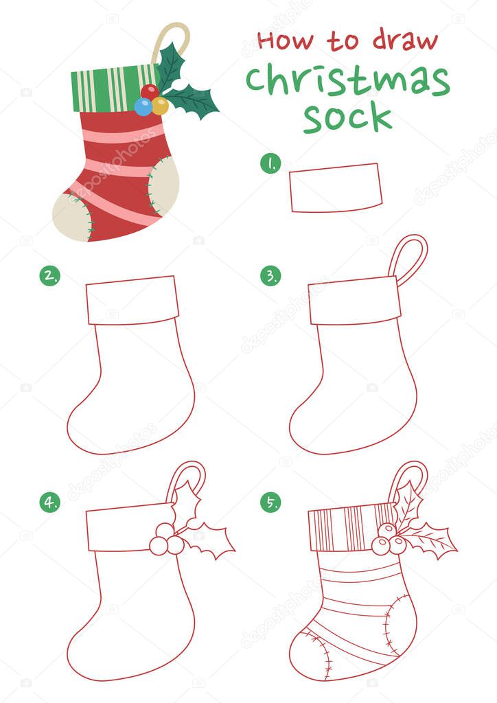 How to draw a Christmas sock vector illustration. Draw a Christmas sock gift bag step by step. Christmas sock drawing guide. Cute and easy drawing guidebook.